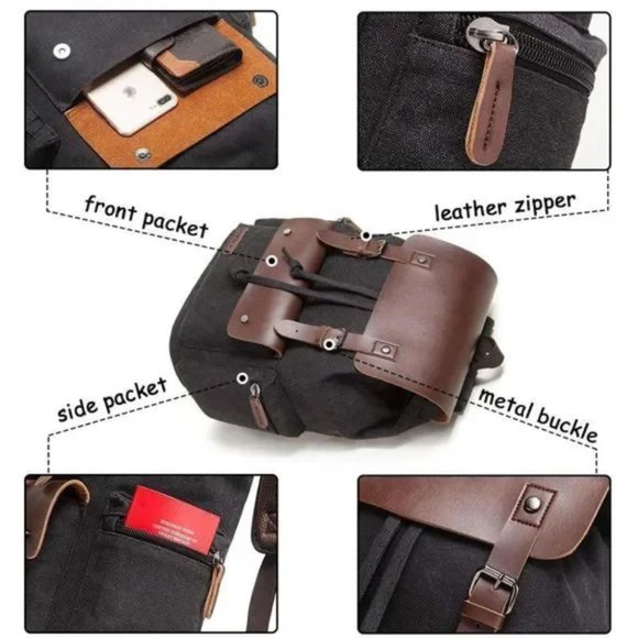 New Vintage Denim Canvas x Leather Backpack Black - Picture 5 of 6